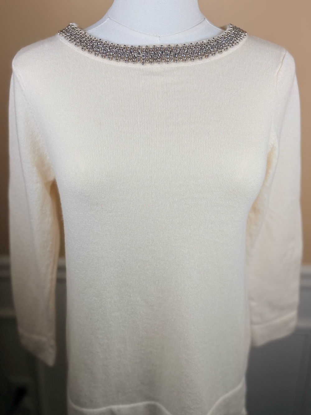 🤍 Autumn Cashmere Ivory Jeweled Neck 100% Cashmere Sweater ✨Small